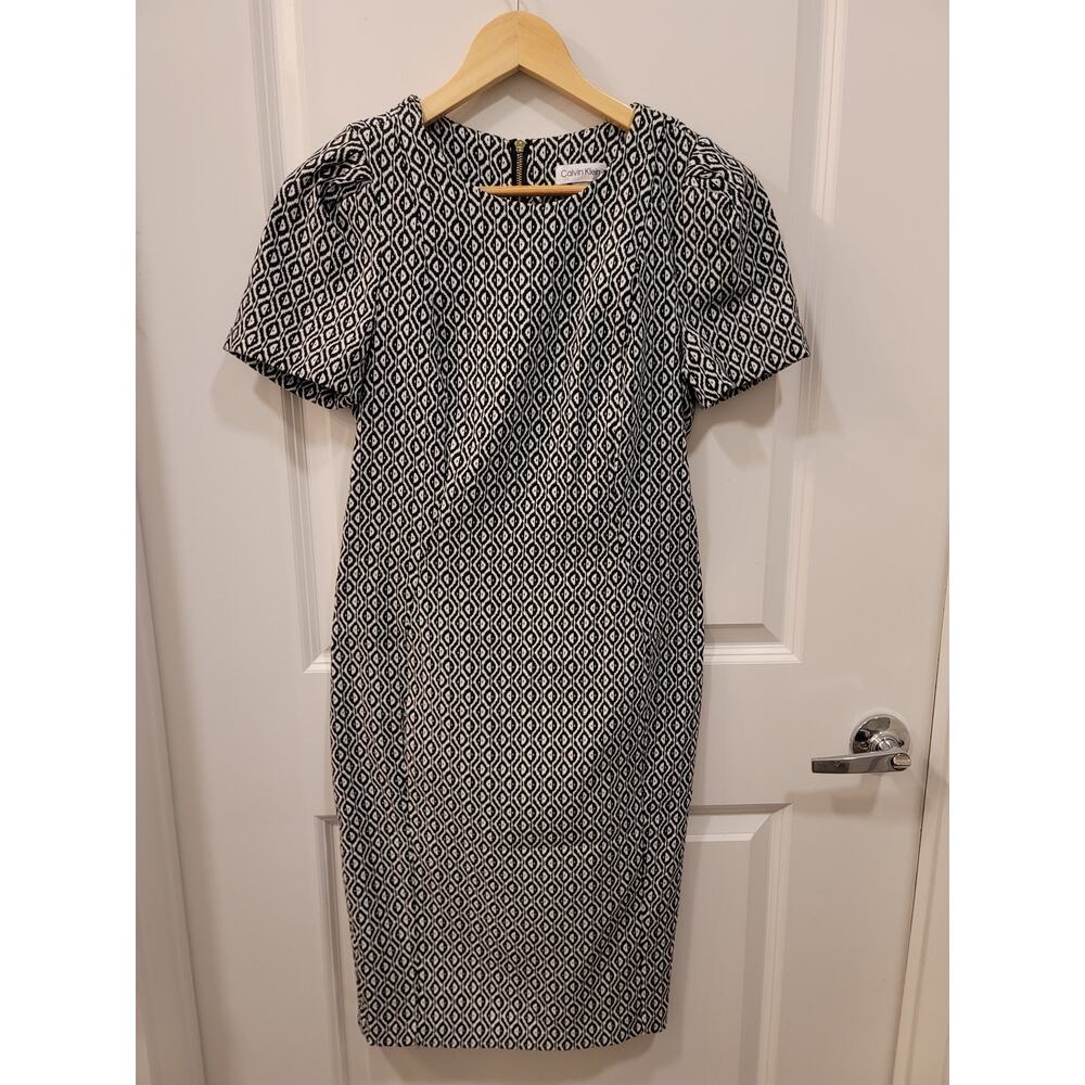 Calvin Klein Geometric Black and White Sheath Dress with Puff Shoulders